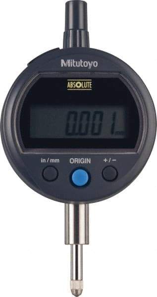 Mitutoyo - 0 to 12.7mm Range, 0.00005" Graduation, Electronic Drop Indicator - Flat Back, Accurate to 0.0001", English & Metric System, LCD Display - USA Tool & Supply