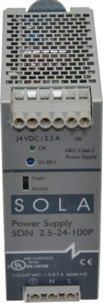 Sola/Hevi-Duty - 60 Watt, 2.50 Amp, 230 VAC Input, 24 VDC Output, DIN Rail Power Supply - 1.97 Inch Wide x 4.55 Inch Deep x 4.88 Inch High, Up to 87.5% Efficiency, 14 to 140°F, Green LED - USA Tool & Supply