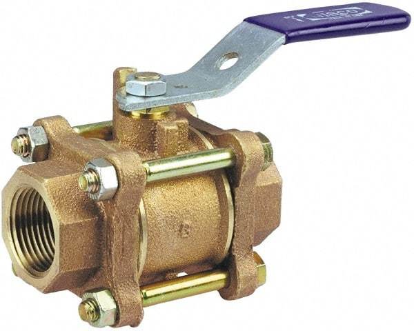 NIBCO - 1-1/2" Pipe, Full Port, Bronze Oxygen Service Ball Valve - 3 Piece, Inline - One Way Flow, FNPT x FNPT Ends, Lever Handle, 600 WOG, 150 WSP - USA Tool & Supply