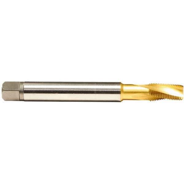 Emuge - 1/4-18 NPTF, 15° Helix, 3 Flutes, Modified Bottoming Chamfer, TiN Finish, Cobalt, Spiral Flute Pipe Tap - Right Hand Flute, 9/16" Shank Diam, 1.06" Thread Length, 0.421" Square Size, Series KEG - USA Tool & Supply