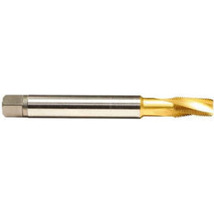 Emuge - 1/16-27 NPT, 15° Helix, 3 Flutes, TiN Finish, Cobalt, Spiral Flute Pipe Tap - Right Hand Flute, 0.69" Thread Length, 0.234" Square Size, Series KEG - Exact Industrial Supply