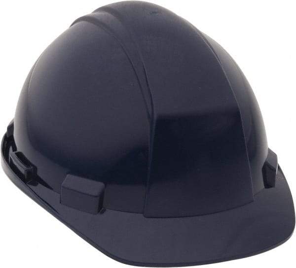 North - ANSI Type II, Class E Rated, 4-Point, Ratchet Adjustment Hard Hat - Size 6-1/2 to 8, Navy Blue, Standard Brim - USA Tool & Supply
