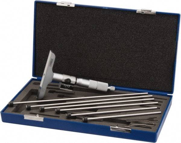 Fowler - 0 to 6" Range, 6 Rod, Satin Chrome Finish Mechanical Depth Micrometer - Ratchet Stop Thimble, 4" Base Length, 0.001" Graduation, 0.176" Rod Diam - USA Tool & Supply