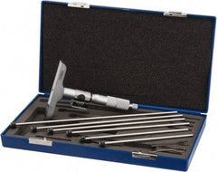 Fowler - 0 to 6" Range, 6 Rod, Satin Chrome Finish Mechanical Depth Micrometer - Ratchet Stop Thimble, 4" Base Length, 0.001" Graduation, 0.176" Rod Diam - USA Tool & Supply