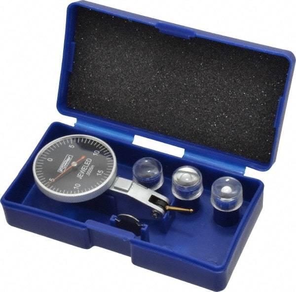 Fowler - 0.03 Inch Range, 0.0005 Inch Dial Graduation, Horizontal Dial Test Indicator - 1-1/2 Inch Black Dial, 0-15-0 Dial Reading - USA Tool & Supply