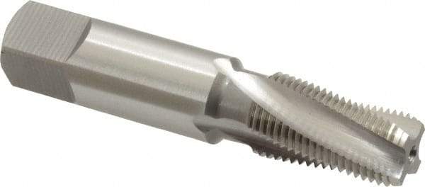 OSG - 1/8-27 NPT, 15° Helix, 4 Flutes, Bottoming Chamfer, Bright Finish, High Speed Steel, Spiral Flute Pipe Tap - Right Hand Flute, 7/16" Shank Diam, 3/4" Thread Length, 0.2344" Projection, 0.234" Square Size, - Exact Industrial Supply