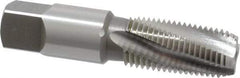 OSG - 1/4-18 NPT, 15° Helix, 4 Flutes, Bottoming Chamfer, Bright Finish, High Speed Steel, Spiral Flute Pipe Tap - Right Hand Flute, 9/16" Shank Diam, 1-1/16" Thread Length, 0.3750" Projection, 0.421" Square Size, - Exact Industrial Supply