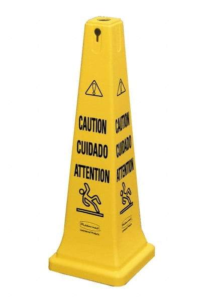 Rubbermaid - Caution, 12-1/4" Wide x 36" High, Plastic Floor Sign - Cone, Black on Yellow, For Accident Prevention - USA Tool & Supply