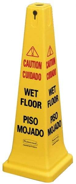 Rubbermaid - Caution - Wet Floor, 12-1/4" Wide x 36" High, Plastic Floor Sign - Cone, Black on Yellow, For Accident Prevention - USA Tool & Supply