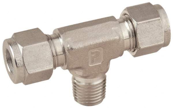 Parker - 1/4" OD, Stainless Steel Male Branch Tee - -425 to 1,200°F, 1/2" Hex, Comp x Comp x MNPT Ends - USA Tool & Supply