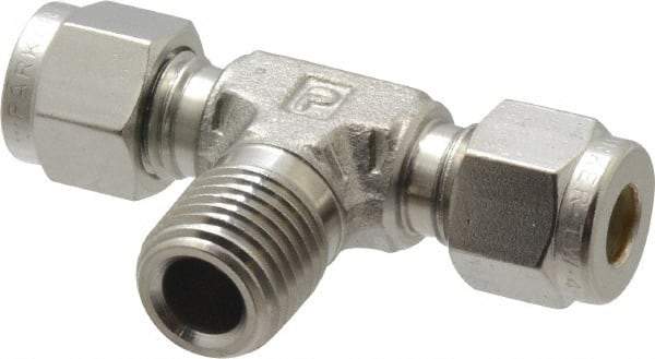 Parker - 1/4" OD, Stainless Steel Male Branch Tee - -425 to 1,200°F, 9/16" Hex, Comp x Comp x MNPT Ends - USA Tool & Supply