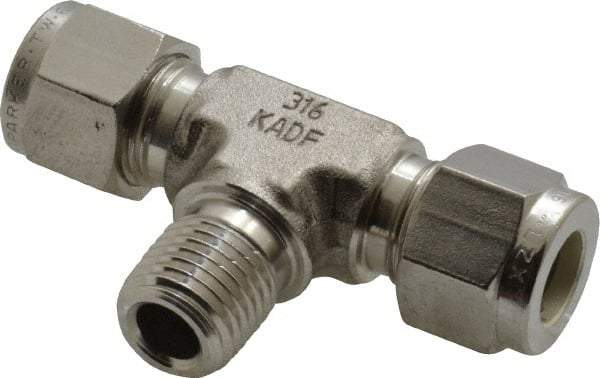Parker - 3/8" OD, Stainless Steel Male Branch Tee - -425 to 1,200°F, 5/8" Hex, Comp x Comp x MNPT Ends - USA Tool & Supply