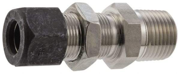 Parker - 3/8" OD, Stainless Steel Bulkhead Connector - 3/4" Hex, Comp x MNPT Ends - USA Tool & Supply