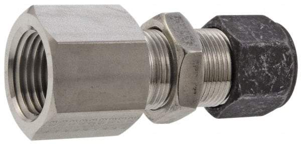 Parker - 1/8" OD, Stainless Steel Bulkhead Female Connector - 9/16" Hex, Comp x FNPT Ends - USA Tool & Supply