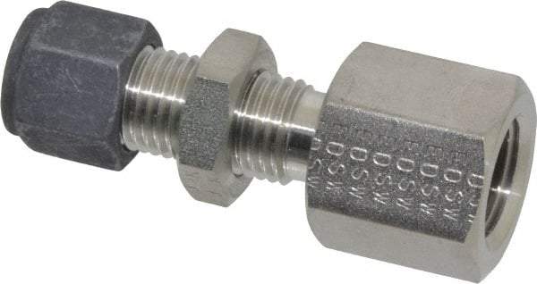 Parker - 1/4" OD, Stainless Steel Bulkhead Female Connector - 3/4" Hex, Comp x FNPT Ends - USA Tool & Supply