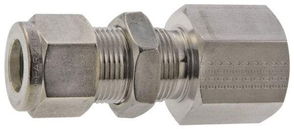 Parker - 1/8" OD, Stainless Steel Bulkhead Female Connector - -425 to 1,200°F, 9/16" Hex, Comp x FNPT Ends - USA Tool & Supply