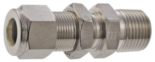 Parker - 3/8" OD, Stainless Steel Bulkhead Connector - -425 to 1,200°F, 3/4" Hex, Comp x MNPT Ends - USA Tool & Supply
