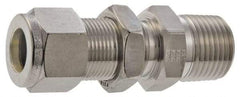 Parker - 3/8" OD, Stainless Steel Bulkhead Connector - -425 to 1,200°F, 3/4" Hex, Comp x MNPT Ends - USA Tool & Supply