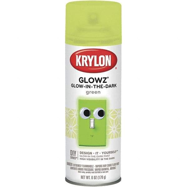 Krylon - Glow Green, Semi Gloss, Glow-in-the-Dark Spray Paint - 10 to 15 Sq Ft per Can, 16 oz Container, Use on Ceramics, Fabric, Glass, Glow-in-the-Dark Paint, Metal, Paper, Papier Mache, Plaster, Wicker, Wood - USA Tool & Supply