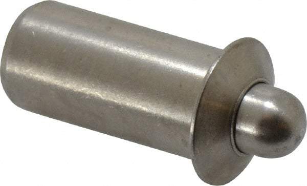 Vlier - 0.786" Body Len x 3/8" Body Diam, 0.234" Plunger Diam, 2.5 Lb Init to 7 Lb Final End Force, 0.786" Len Under Flange, Stainless Steel Press Fit Spring Plunger - 1/2" Flange Diam, 0.096" Flange Thickness, 0.882" Plunger Len, 3/16" Plunger Projection - USA Tool & Supply