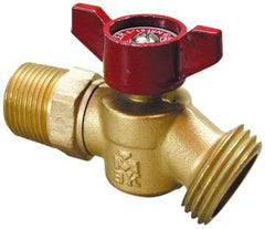 B&K Mueller - 1/2" Pipe, 125 psi WOG Rating, 1" Long Shank, Brass Hose Bibb, Stop Valve - Wing Tee Handle, MNPT/SWT x GHT End Connections - USA Tool & Supply
