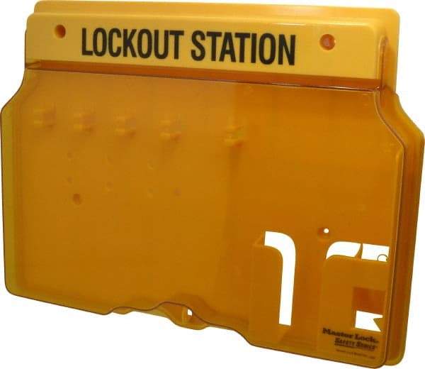 Master Lock - 1 Piece, Empty Polycarbonate Padlock Station - 16 Inch Wide x 12-1/4 Inch High x 1-3/4 Inch Deep, Black on Yellow, Covered - USA Tool & Supply