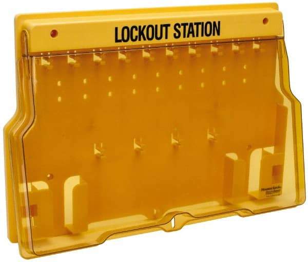Master Lock - 1 Piece, Empty Polycarbonate Padlock Station - 22 Inch Wide x 15-1/2 Inch High x 1-3/4 Inch Deep, Black on Yellow, Covered - USA Tool & Supply