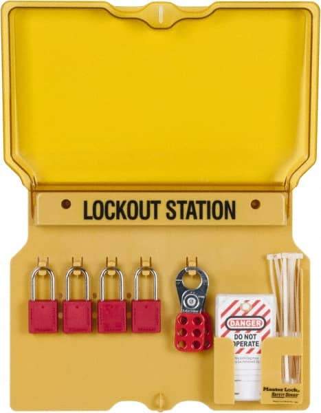 Master Lock - 7 Piece, Equipped Polycarbonate Padlock Station - 16 Inch Wide x 12-1/4 Inch High x 1-3/4 Inch Deep, Black on Yellow, Covered - USA Tool & Supply