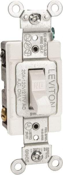 Leviton - 2 Pole, 120 to 277 VAC, 20 Amp, Commercial Grade, Toggle, Wall and Dimmer Light Switch - 1.31 Inch Wide x 4.06 Inch High - USA Tool & Supply