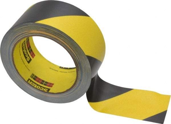 3M - Black & Yellow Striped Vinyl Tape - 2" Wide x 108' Long x 5.4 mil Thick, General Traffic - USA Tool & Supply