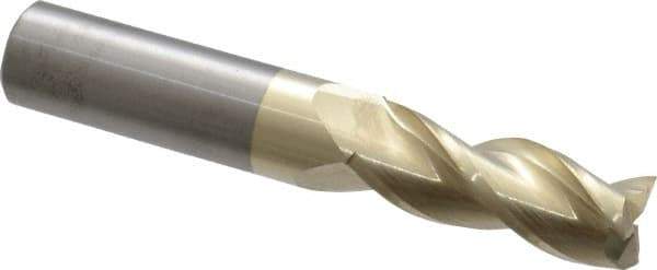 Accupro - 15/32", 1-1/4" LOC, 1/2" Shank Diam, 3" OAL, 3 Flute, Solid Carbide Square End Mill - Single End, ZrN Finish, Spiral Flute, 37° Helix, Centercutting, Right Hand Cut, Right Hand Flute - USA Tool & Supply