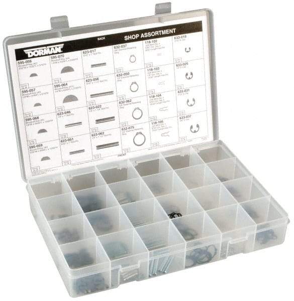 Dorman - 260 Piece E Style External Retaining Ring, Hair Pin Clip, Spring Pin & Woodruff Key Assortment - Spring Steel - USA Tool & Supply