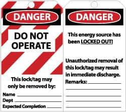 NMC - 3" High x 6" Long, DANGER - DO NOT OPERATE - THIS LOCK/TAG MAY ONLY BE REMOVED BY: NAME___ DEPT___ EXPECTED COMPLETION___, English Safety & Facility Lockout Tag - Tag Header: Danger, 2 Sides, Black, Red & White Unrippable Vinyl - USA Tool & Supply