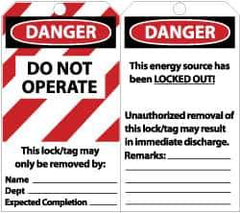 NMC - 3" High x 6" Long, DANGER - DO NOT OPERATE - THIS LOCK/TAG MAY ONLY BE REMOVED BY: NAME___ DEPT___ EXPECTED COMPLETION___, English Safety & Facility Lockout Tag - Tag Header: Danger, 2 Sides, Black, Red & White Unrippable Vinyl - USA Tool & Supply