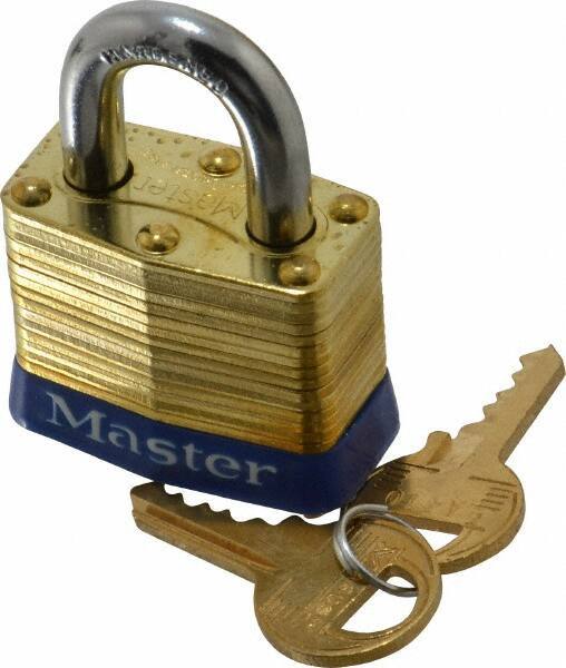 Master Lock - 3/4" Shackle Clearance, Keyed Different Laminated Brass Padlock - 9/32" Shackle Diam, Brass - USA Tool & Supply