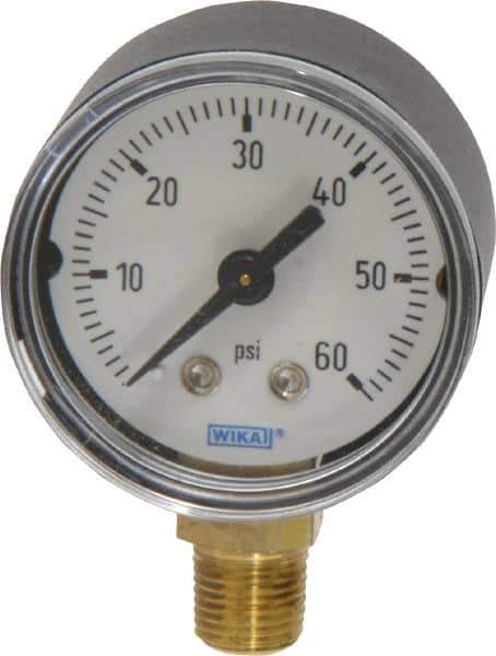 Wika - 1-1/2" Dial, 1/8 Thread, 0-60 Scale Range, Pressure Gauge - Lower Connection Mount, Accurate to 3-2-3% of Scale - USA Tool & Supply