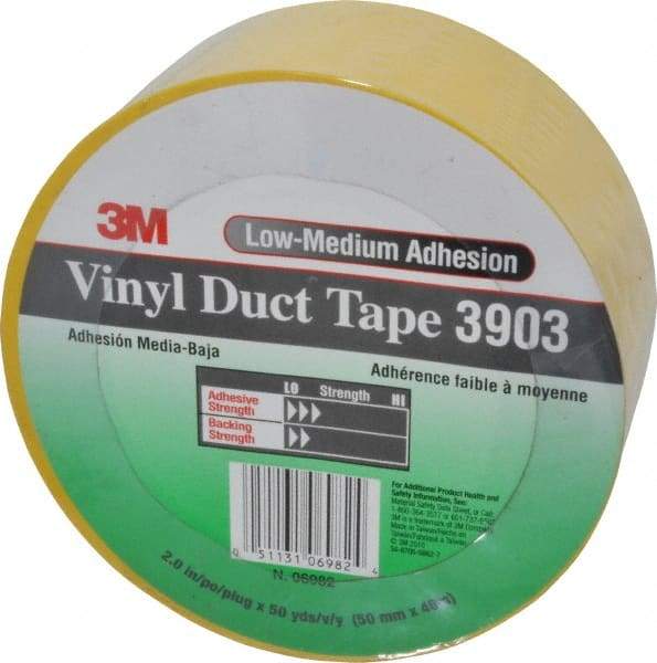 3M - 2" x 50 Yds Yellow Duct Tape - 6.5 mil, Rubber Adhesive, Vinyl Backing, 12.6 Lb/ln Tensile Strength, 200°F Max, Series 3903 - USA Tool & Supply