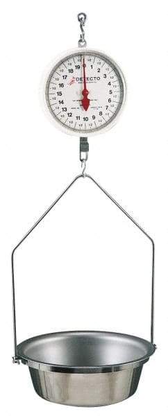 Detecto - 40 Lb. Capacity, 8 Inch Dial Hanging Scale with Stainless Steel Round Pan - 20 Lbs. Graduation, 2 Revolutions - USA Tool & Supply