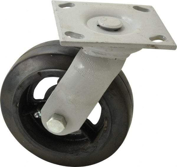 Fairbanks - 6" Diam x 2" Wide, Mold-On Rubber Swivel Caster - 675 Lb Capacity, Top Plate Mount, 4" x 4-1/2" Plate, Delrin Bearing - USA Tool & Supply