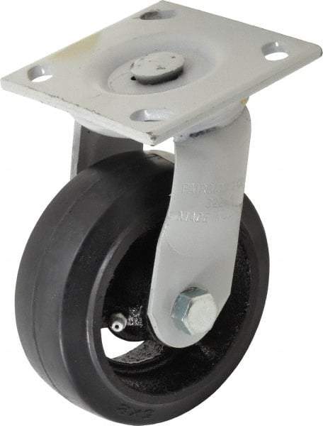 Fairbanks - 5" Diam x 2" Wide, Mold-On Rubber Swivel Caster - 675 Lb Capacity, Top Plate Mount, 4" x 4-1/2" Plate, Delrin Bearing - USA Tool & Supply