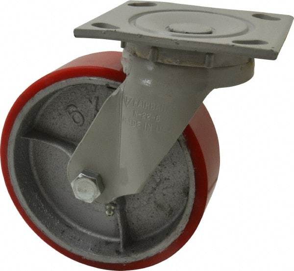Fairbanks - 6" Diam x 2" Wide x 7-1/4" OAH Top Plate Mount Swivel Caster - Polyurethane, 1,000 Lb Capacity, Roller Bearing, 4 x 4-1/2" Plate - USA Tool & Supply
