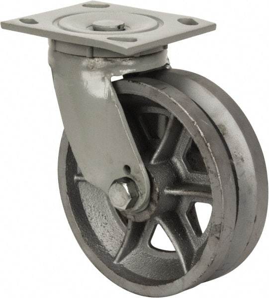 Fairbanks - 6" Diam x 2" Wide, V Groove Metal Swivel Caster - 1,200 Lb Capacity, Top Plate Mount, 4" x 4-1/2" Plate, Roller Bearing - USA Tool & Supply
