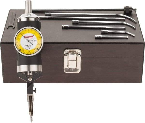 SPI - 9 Piece, 0mm to 63.5mm Measuring Range, 40mm Dial Diam, 0-25-0 Dial Reading, Yellow Dial Test Indicator Kit - 0.005mm Accuracy, 2, 4 & 6" Contact Point Length, 1/8" Ball Diam, 0.01mm Dial Graduation - USA Tool & Supply