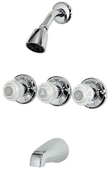 B&K Mueller - Concealed, Three Handle, Chrome Coated, Brass, Valve, Shower Head and Tub Faucet - Knob Handles, 8 Inch Mounting Centers, Acrylic Handles - USA Tool & Supply