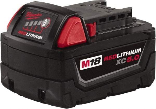 Milwaukee Tool - 18 Volt Lithium-Ion Power Tool Battery - 5 Ahr Capacity, 110 min Charge Time, Series M18 RED - USA Tool & Supply