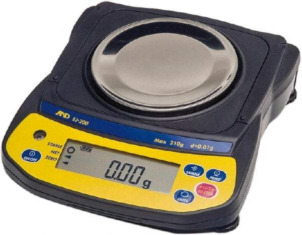 A&D Engineering - 210 g, 0.01 g Graduation, Backlit Graphic LCD Portable Balance - 4.3" Platform Diam, External Calibration - USA Tool & Supply
