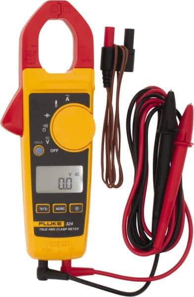 Fluke - 324, CAT IV, CAT III, Digital True RMS Clamp Meter with 1.18" Clamp On Jaws - 600 VAC/VDC, 400 AC Amps, Measures Voltage, Capacitance, Continuity, Current, Resistance, Temperature - USA Tool & Supply