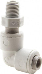 Parker - 1/2" Outside Diam, 1/2 NPTF, Polypropylene Push-to-Connect Tube Male Swivel Elbow - 150 Max psi, White - USA Tool & Supply