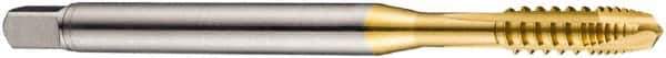 DORMER - M3x0.50 Metric Coarse, 3 Flute, TiN Finish, Cobalt Spiral Point Tap - Plug Chamfer, Right Hand Thread, 56mm OAL, 9mm Thread Length, 3.5mm Shank Diam, 6H Class of Fit, Series E422 - Exact Industrial Supply