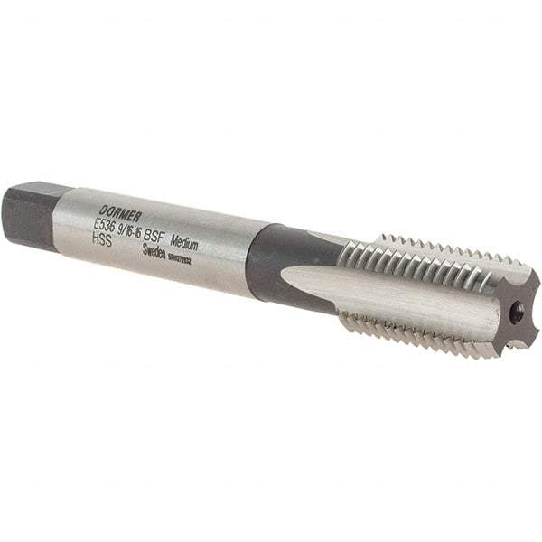 DORMER - 9/16-16 BSF 4 Flute Bright Finish High Speed Steel Straight Flute Machine Tap - Bottoming, Right Hand Thread, 95mm OAL, 25mm Thread Length, Oversize - Exact Industrial Supply